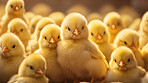 Large group of newly hatched yellow baby chicks. Free range organic chicken country farm