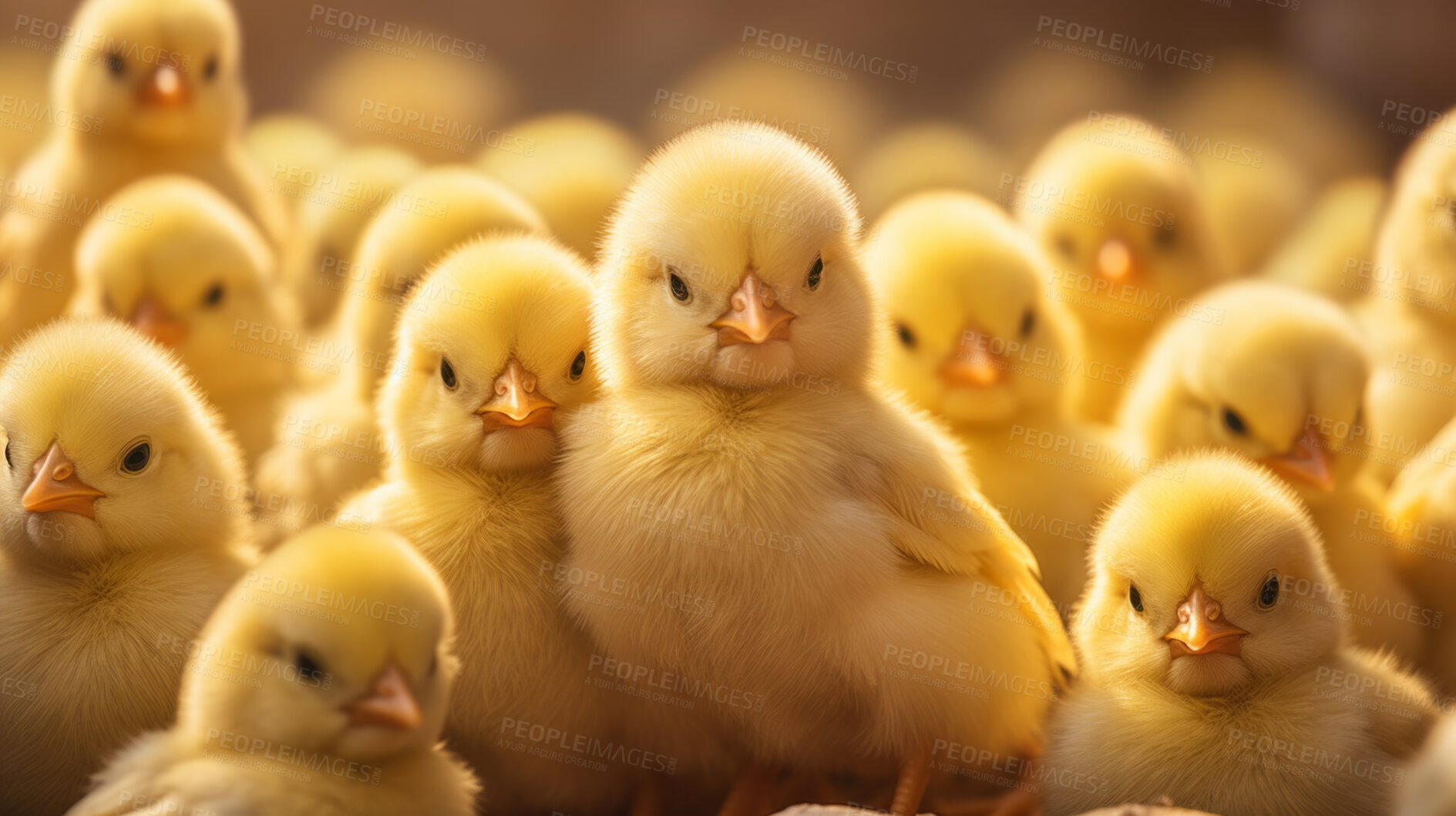 Buy stock photo Large group of newly hatched yellow baby chicks. Free range organic chicken country farm