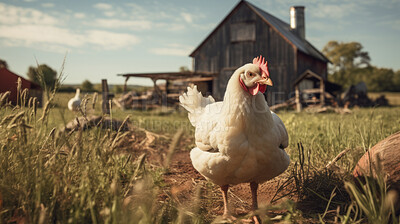 Buy stock photo Free range organic chickens poultry in a country farm. Happy chickens in the meadow