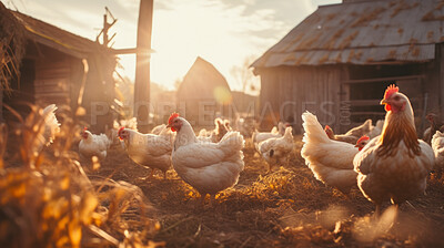 Free range organic chickens poultry in a country farm. Happy chickens in the meadow