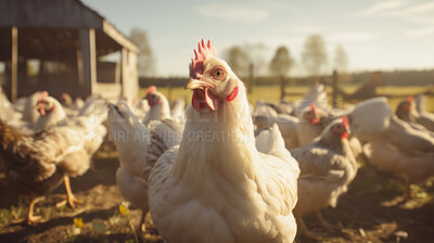 Free range organic chickens poultry in a country farm. Happy chickens in the meadow