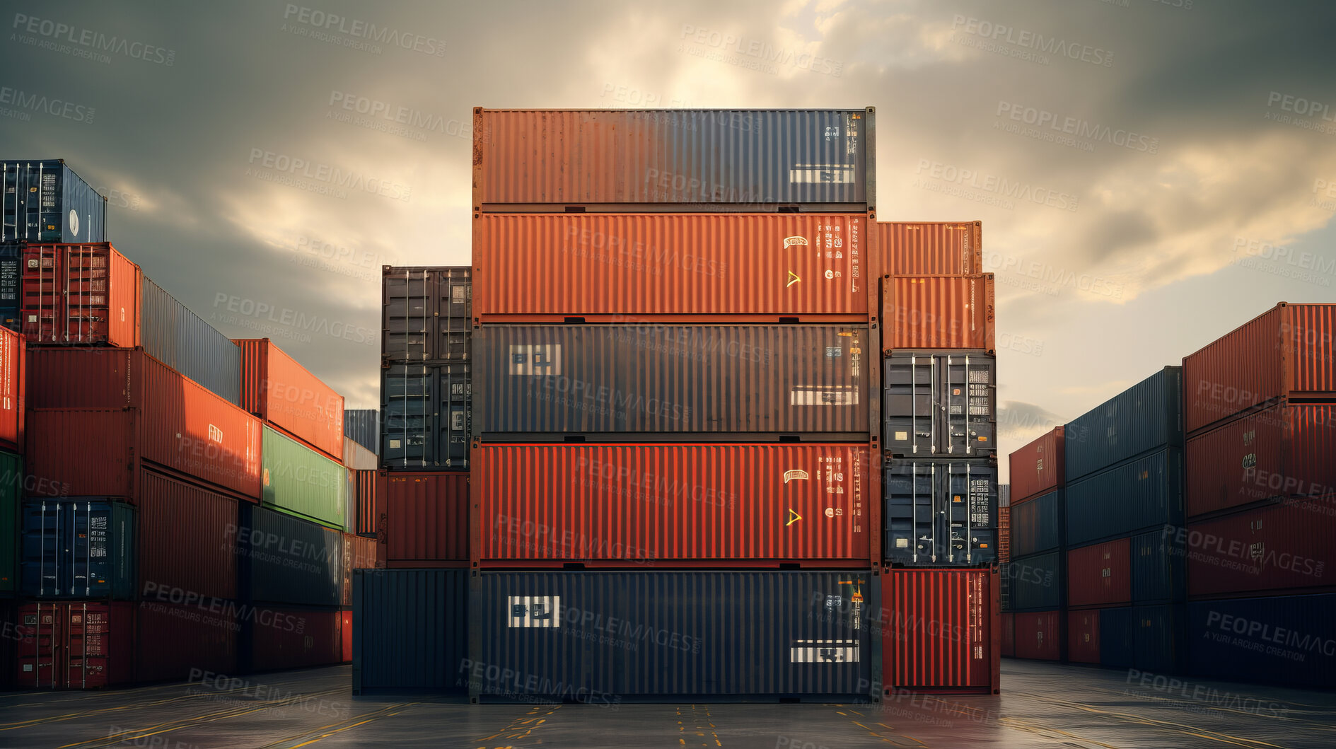 Buy stock photo Cargo shipping containers stacked, cross-docking business exports of goods