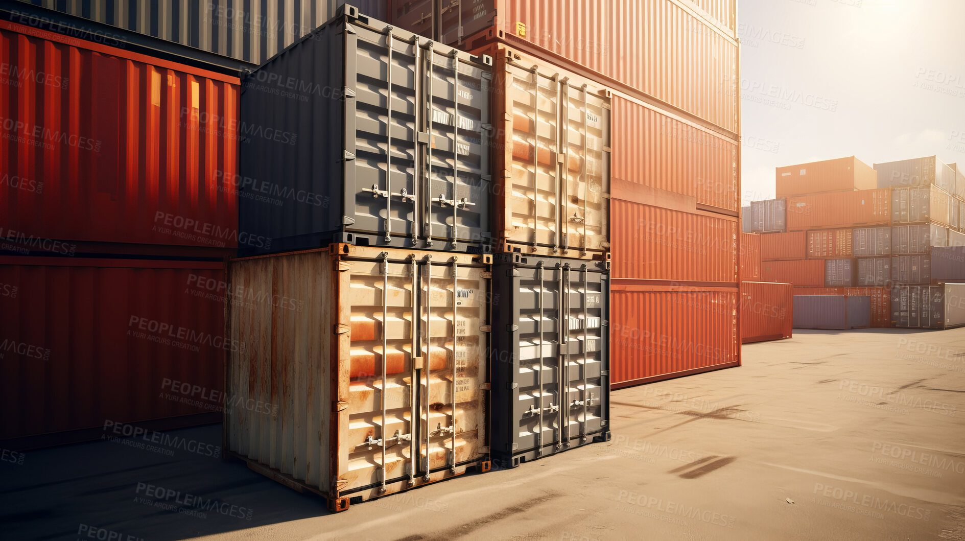 Buy stock photo Cargo shipping containers stacked, cross-docking business exports of goods