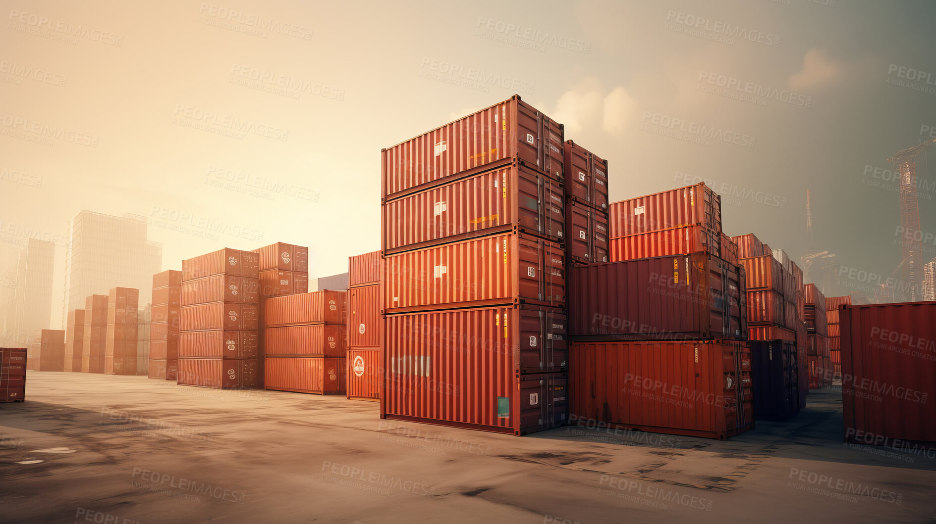 Buy stock photo Cargo shipping containers stacked, cross-docking business exports of goods