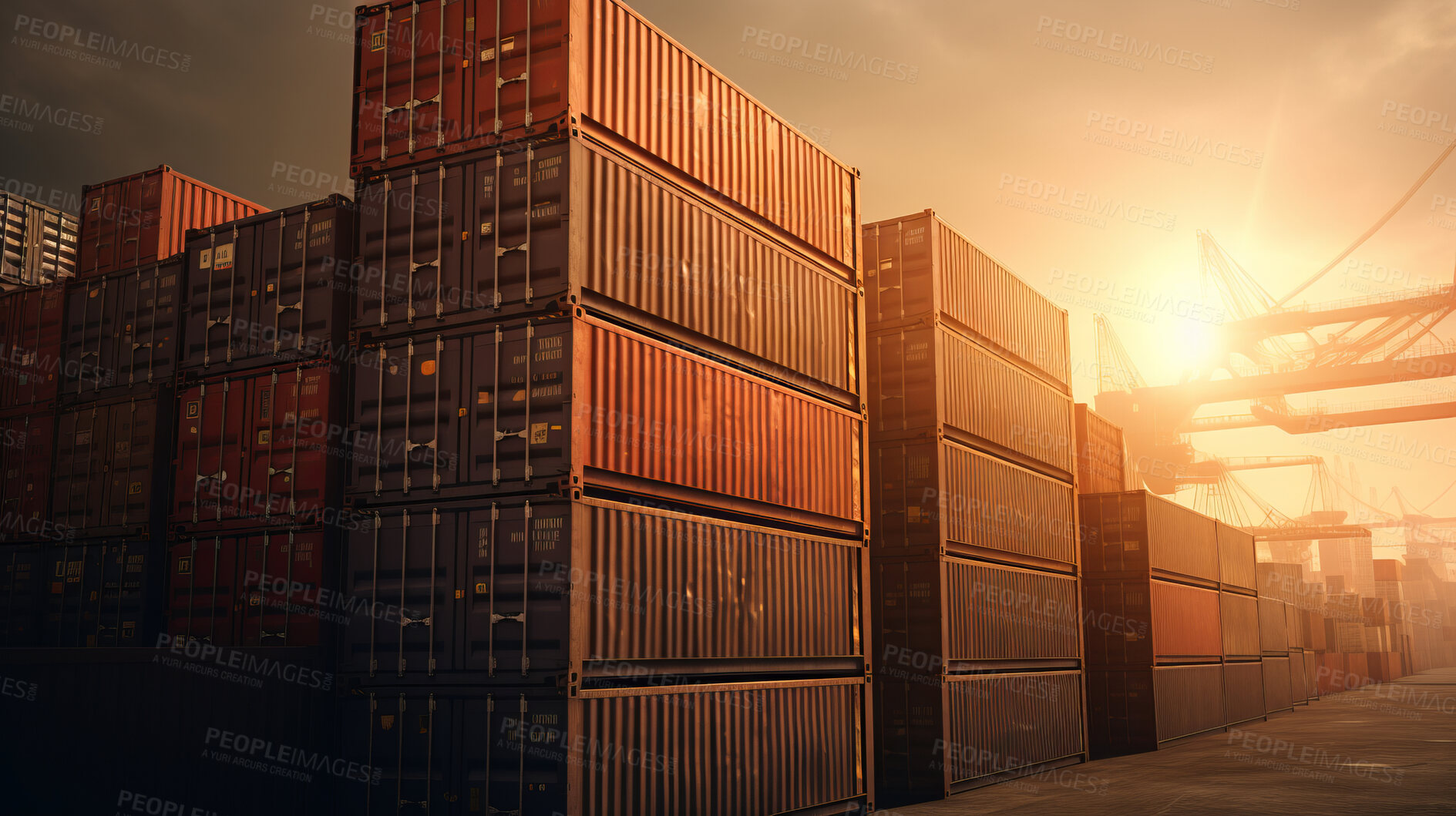 Buy stock photo Cargo shipping containers stacked, cross-docking business exports of goods