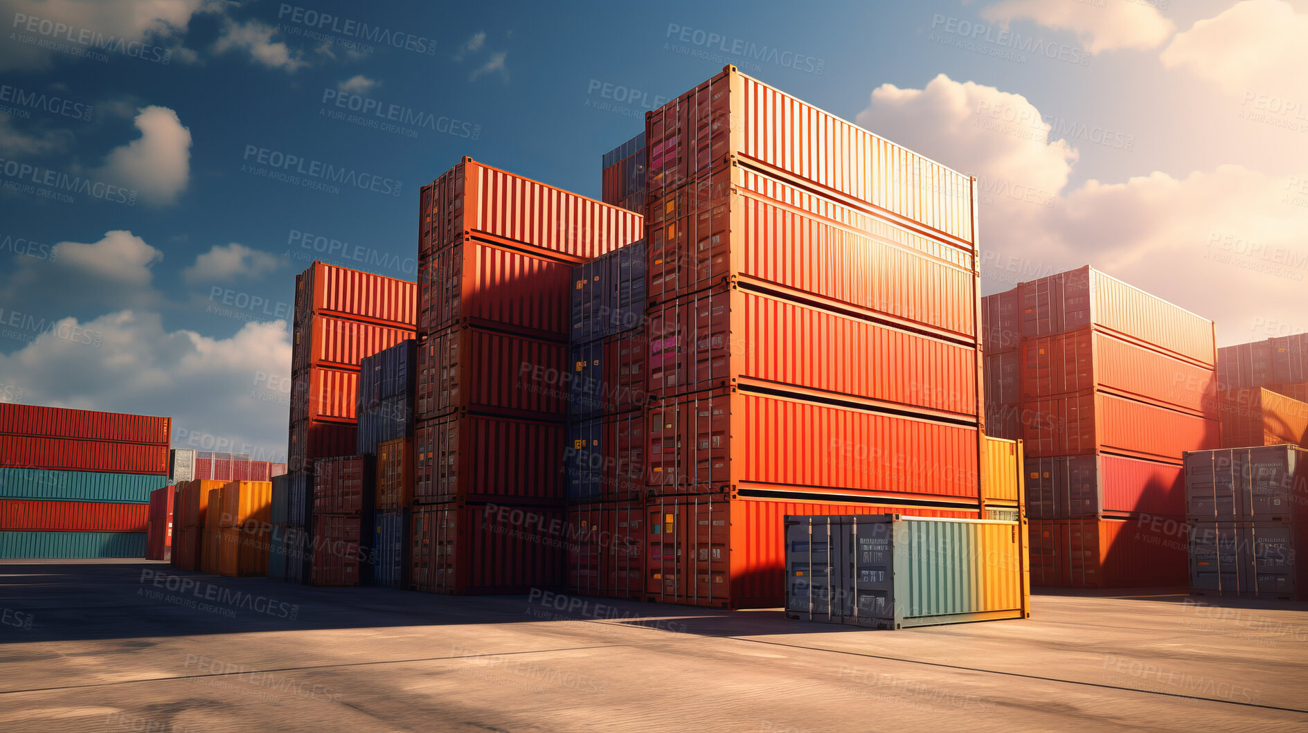 Buy stock photo Cargo shipping containers stacked, cross-docking business exports of goods