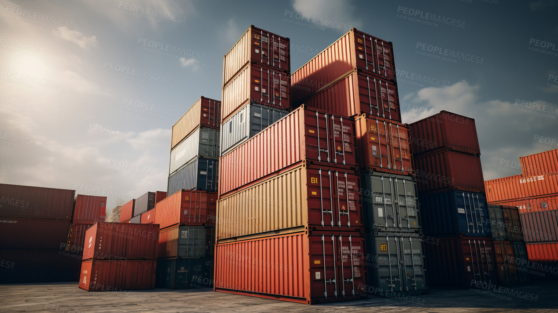 Buy stock photo Cargo shipping containers stacked, cross-docking business exports of goods