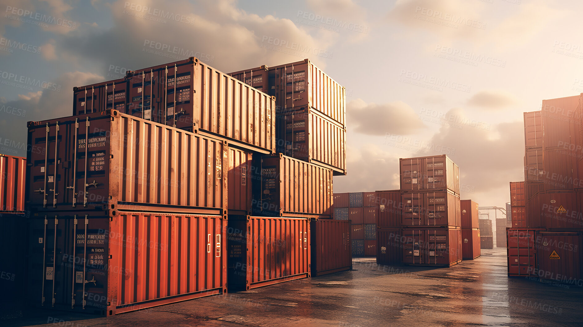 Buy stock photo Cargo shipping containers stacked, cross-docking business exports of goods