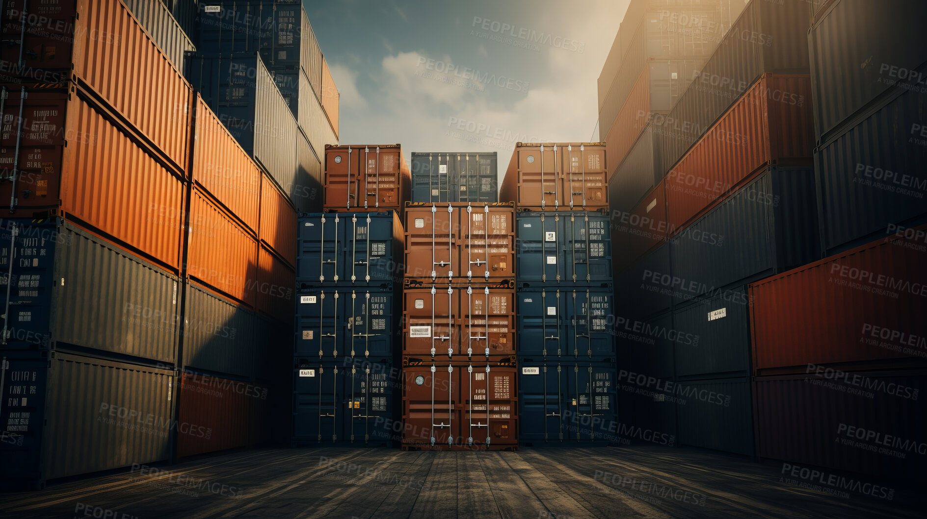 Buy stock photo Cargo shipping containers stacked, cross-docking business exports of goods