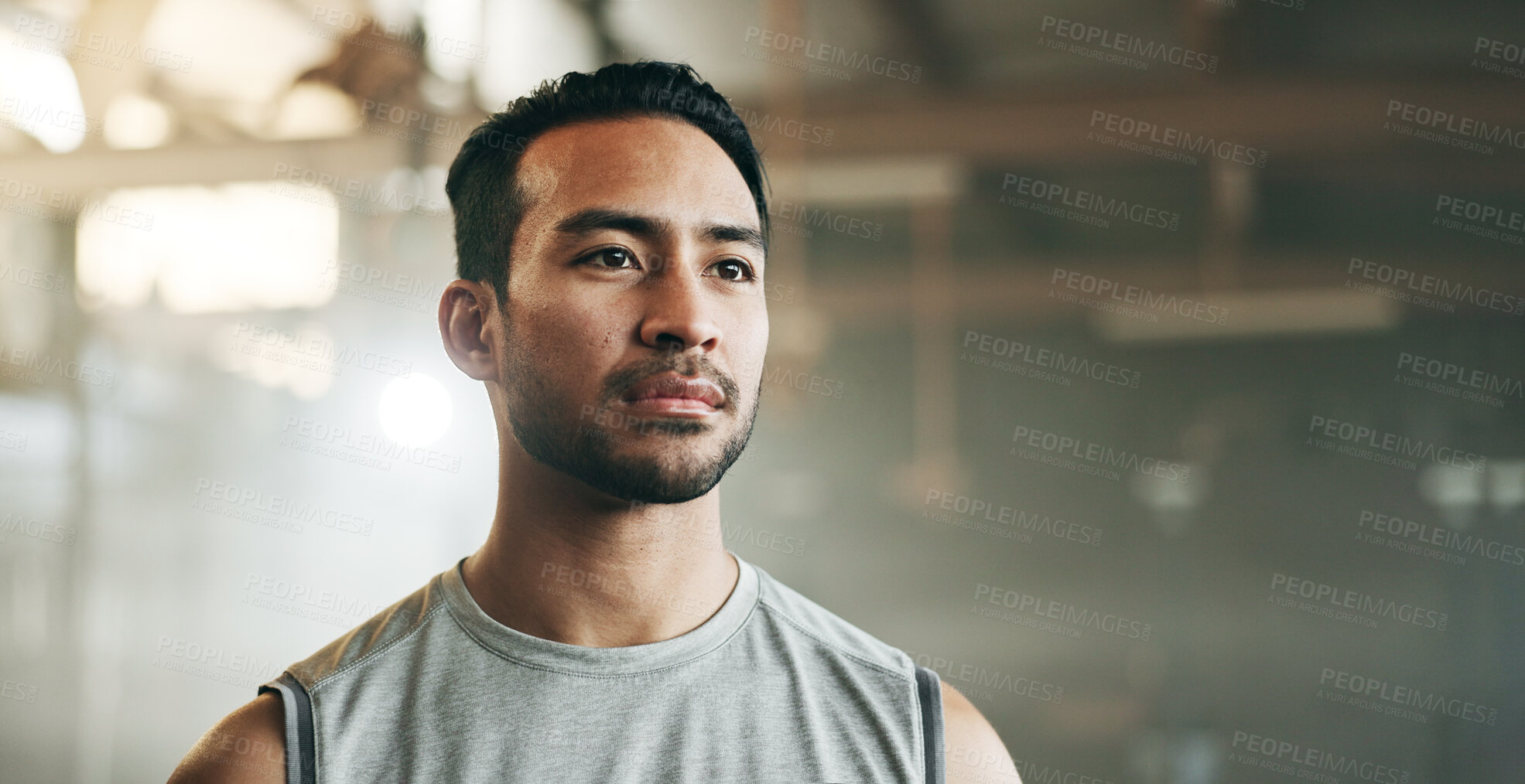 Buy stock photo Thinking, serious and a man at the gym for fitness, exercise idea or health. Motivation, sports and an Asian athlete or person planning at a club for training, wellness or cardio for a routine