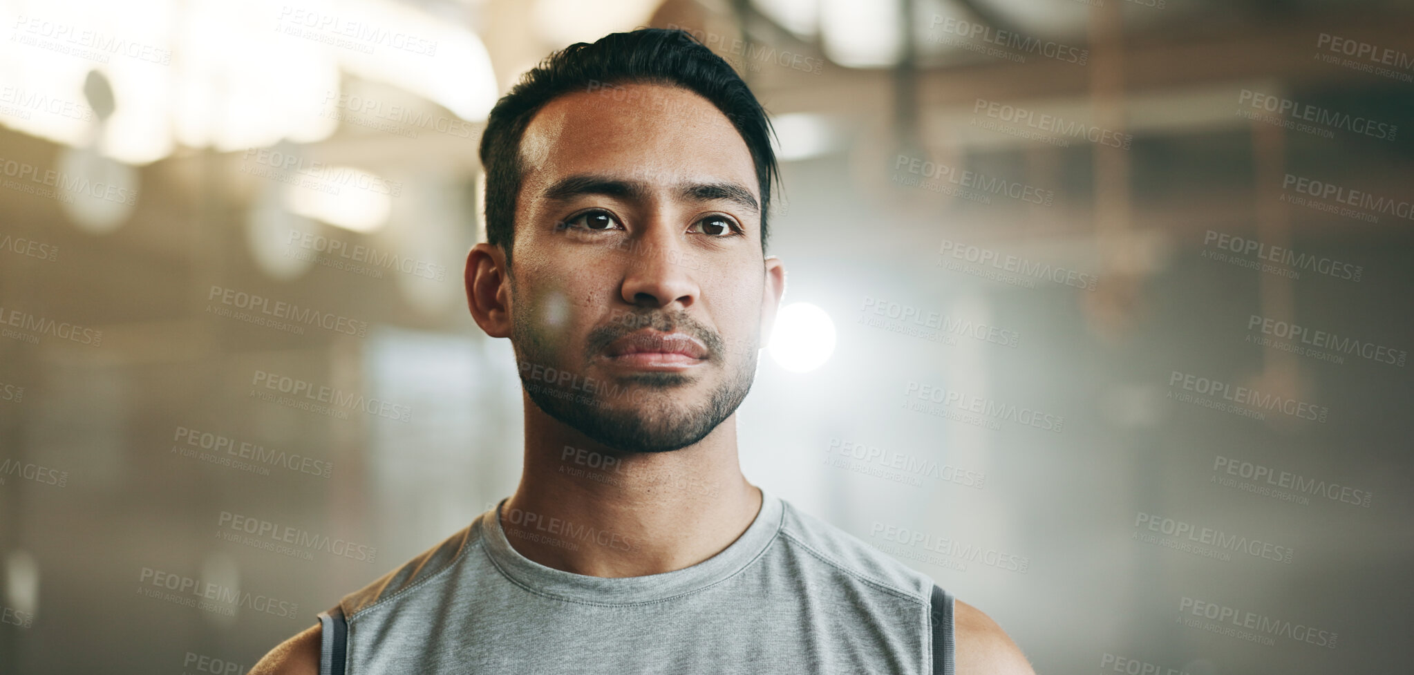 Buy stock photo Thinking, serious and a man at the gym for fitness, exercise idea or health. Motivation, sports and an Asian athlete or person planning at a club for training, wellness or cardio for a routine