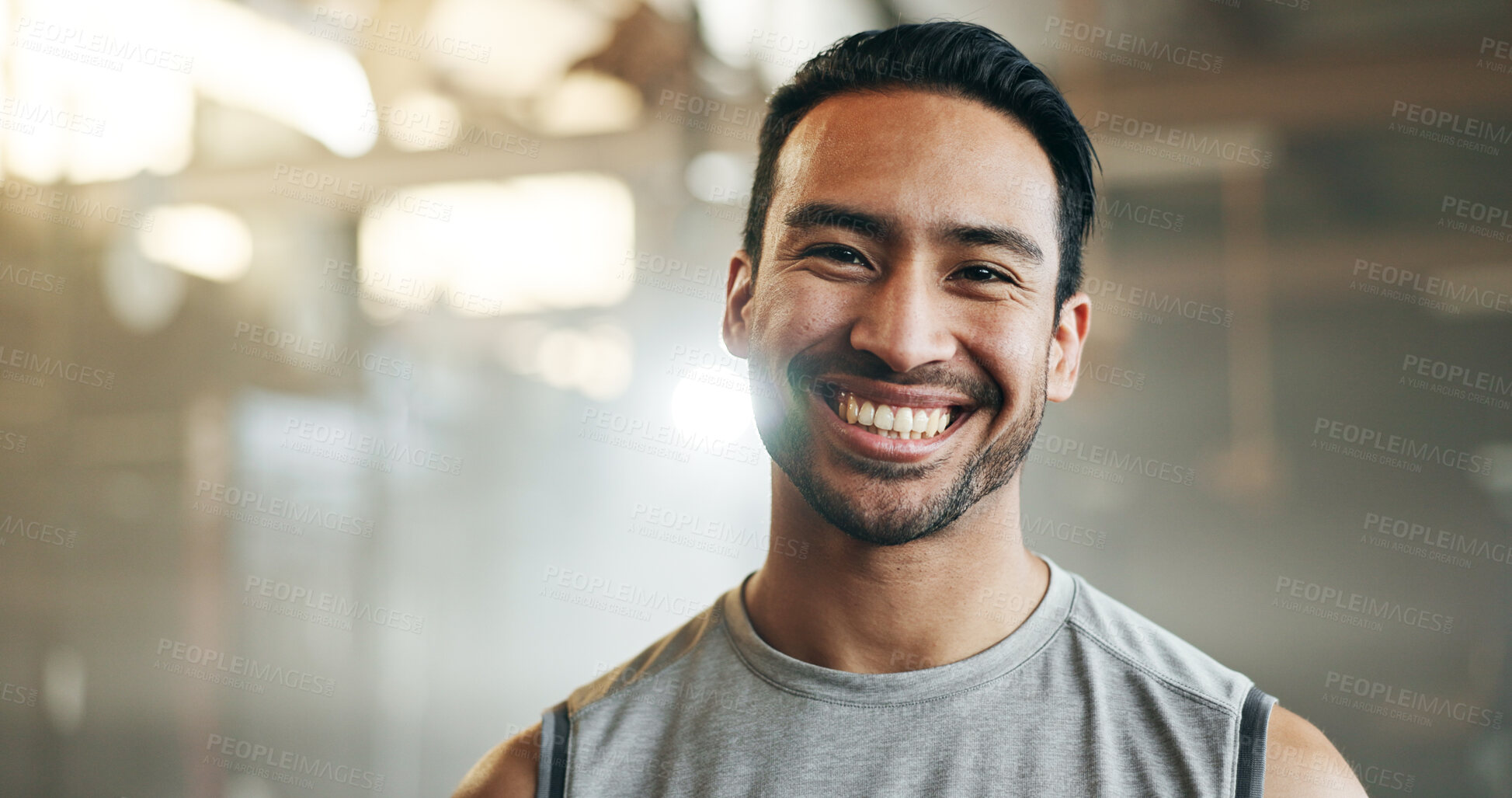 Buy stock photo Happy, face and man in the gym for workout, training or body builder with happiness, health and wellness in sports center. Fitness, portrait and Indian athlete thinking of exercise goals with smile