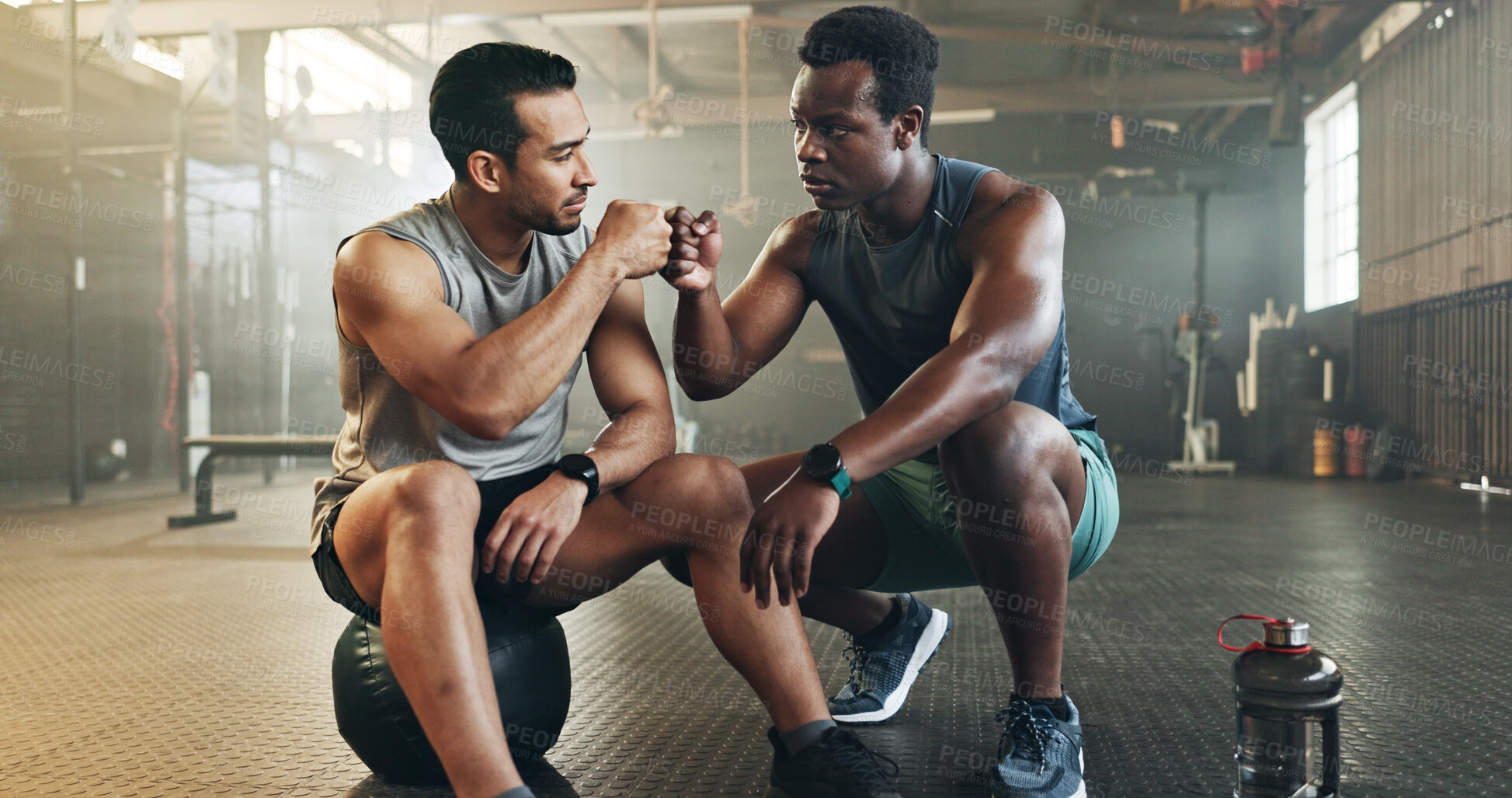 Buy stock photo Fitness, men and fist bump in gym with confidence, workout motivation and exercise class. Diversity, friends and wellness portrait of athlete with coach ready for training and sport at a health club