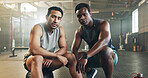 Serious man, friends and fitness in sports workout, exercise or bodybuilder training together at gym. Portrait of active and muscular people in teamwork, partnership or coaching at indoor health club