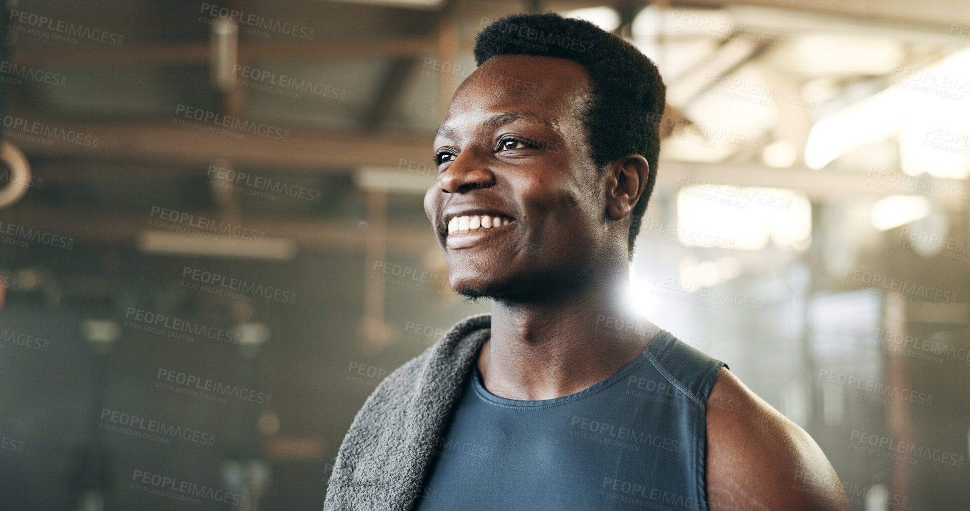 Buy stock photo Smile, fitness and face of black man at a gym for training, exercise and athletics routine. Happy, mindset and African male personal trainer at sports studio for workout, progress and body challenge