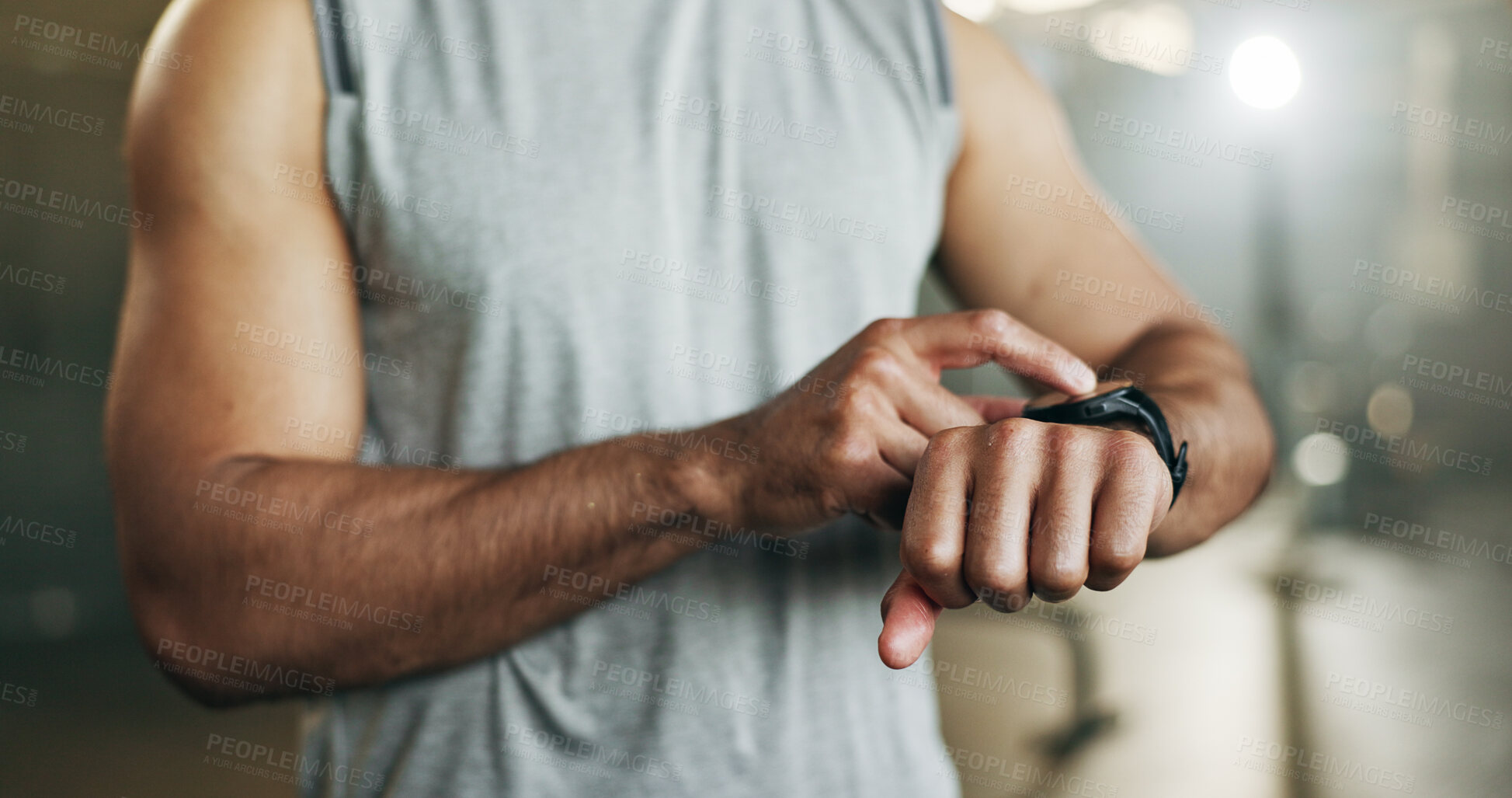 Buy stock photo Smart watch, hands and man in gym for fitness, exercise update and workout performance. Stopwatch, closeup and bodybuilder check info, timer or monitor healthy training progress, clock or sports gear