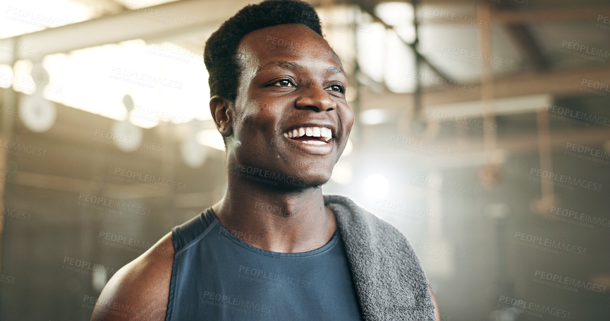 Buy stock photo Smile, fitness and face of black man at a gym for training, exercise and athletics routine. Happy, mindset and African male personal trainer at sports studio for workout, progress and body challenge