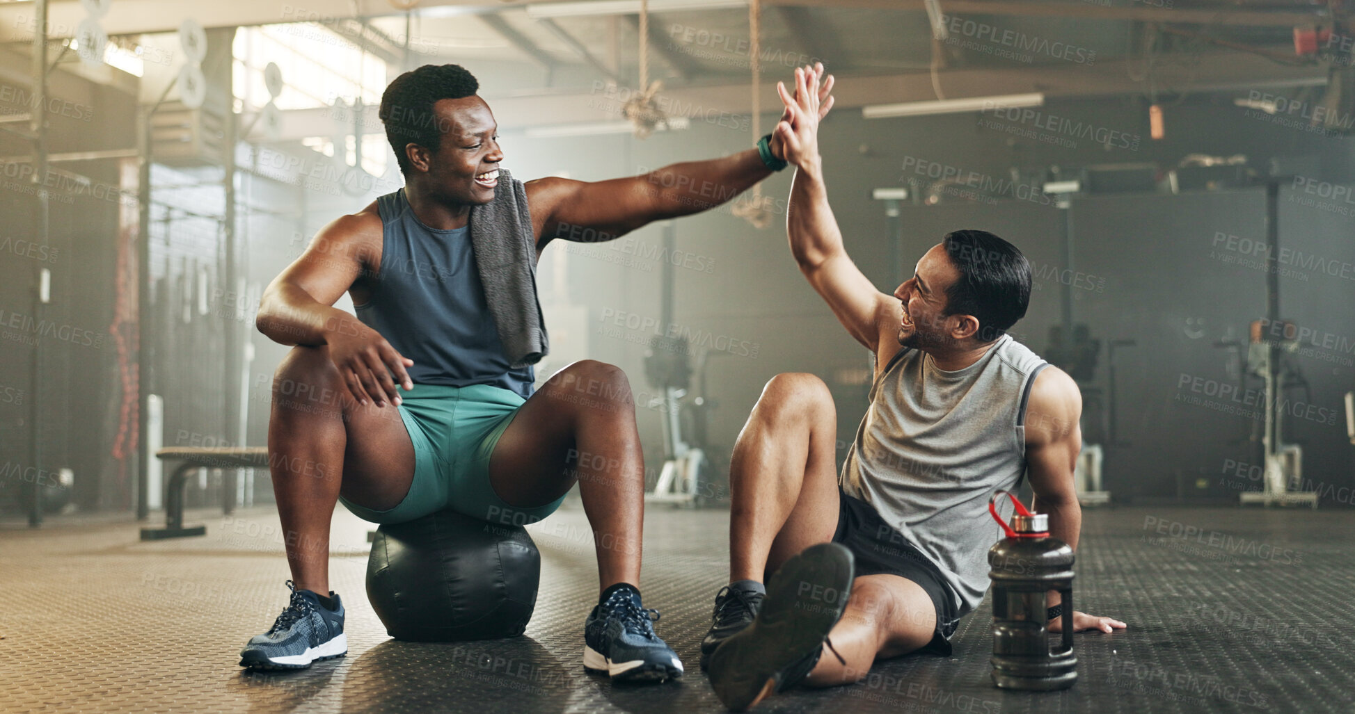 Buy stock photo Happy man, high five and fitness in sports motivation, teamwork or partnership at the gym. People touching hands in workout, exercise or training together for physical health or wellness at gymnasium