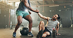 Happy man, high five and fitness in sports motivation, teamwork or partnership at the gym. People touching hands in workout, exercise or training together for physical health or wellness at gymnasium