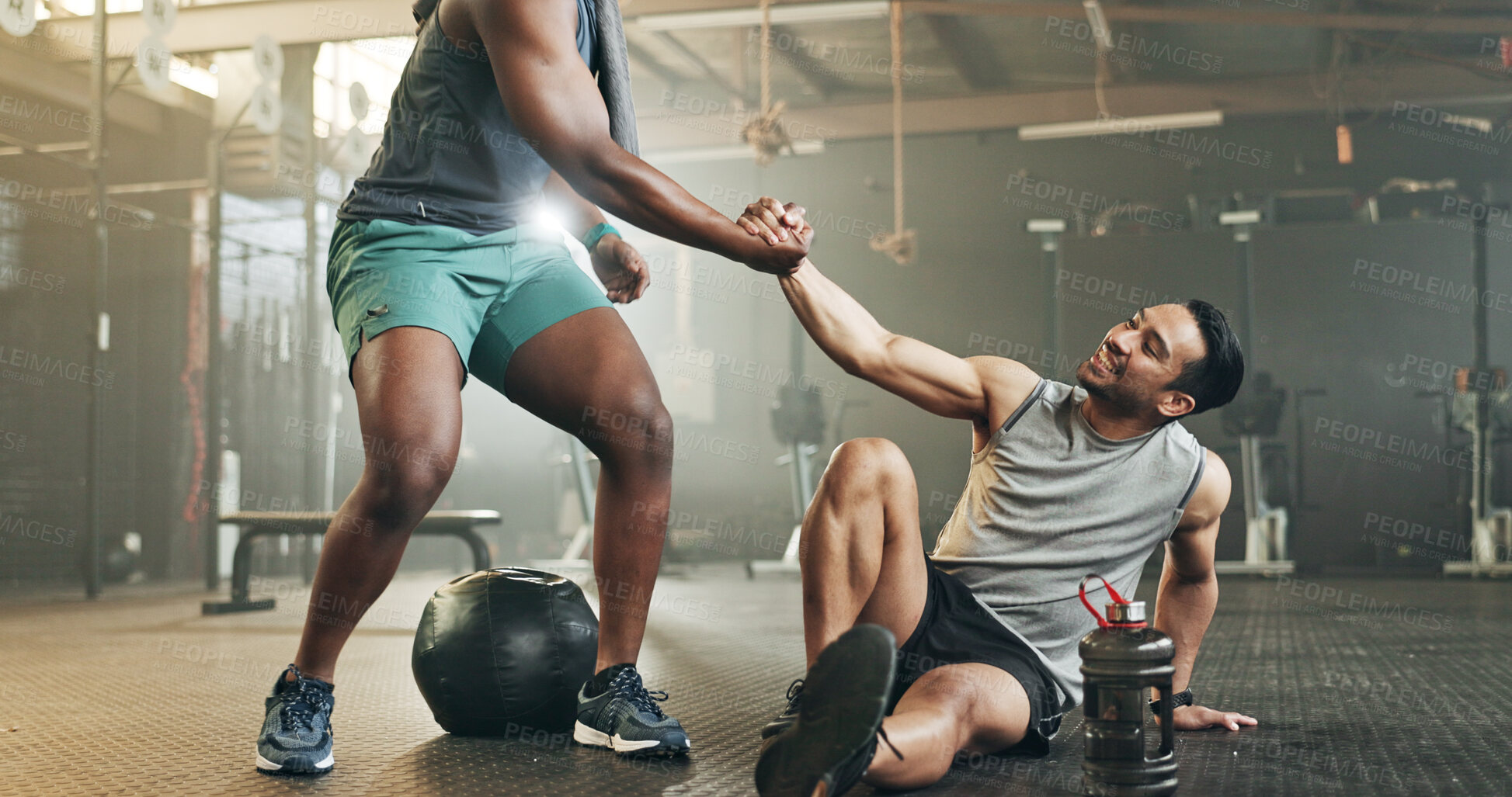 Buy stock photo Happy man, high five and fitness in sports motivation, teamwork or partnership at the gym. People touching hands in workout, exercise or training together for physical health or wellness at gymnasium