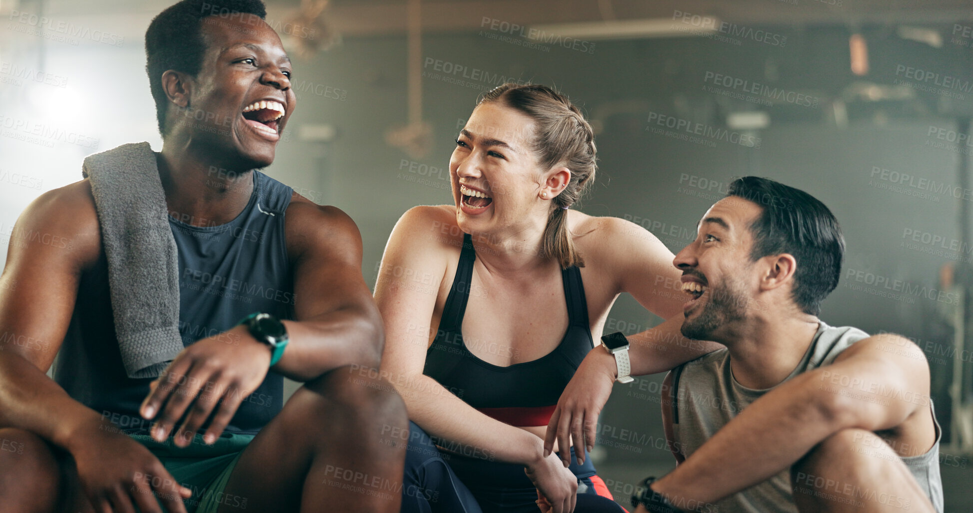 Buy stock photo Fitness, group and laughing in gym with confidence, workout and exercise class. Diversity, friends and wellness portrait of funny athlete with community ready for training and sport at a health club