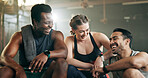 Fitness, group and laughing in gym with confidence, workout and exercise class. Diversity, friends and wellness portrait of funny athlete with community ready for training and sport at a health club