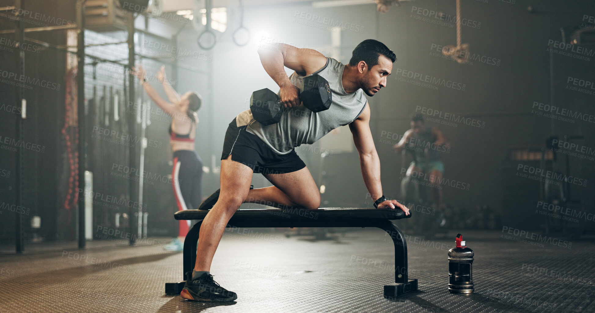 Buy stock photo Fitness, friends and face in gym with confidence, workout and exercise class. Diversity, young people and wellness portrait of serious athlete with coach ready for training and sport at a health club