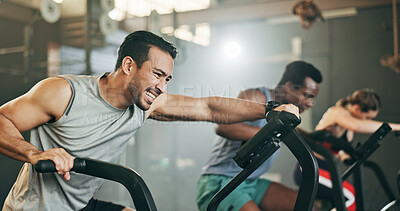 Buy stock photo People, diversity and cycling at gym in fitness, workout or intense cardio exercise together and motivation. Diverse group burning sweat on bicycle machine for healthy body, wellness or lose weight