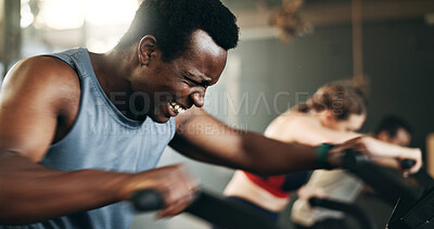 Buy stock photo People, diversity and cycling on bicycle at gym in workout, exercise or intense cardio fitness together and motivation. Diverse group burning sweat on machine in healthy body, wellness or lose weight