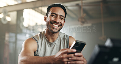 Buy stock photo Happy asian man, phone and fitness in social media, communication or networking at gym. Portrait of active male person smile for online texting or chatting on mobile smartphone at indoor health club
