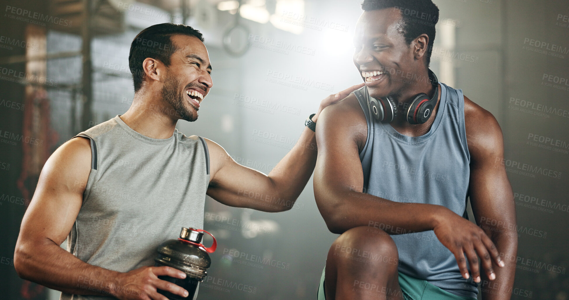 Buy stock photo Happy man, friends and high five in fitness, workout or exercise in teamwork, motivation or gym together. People touching hands in success for sports training, healthy wellness or team in body goals