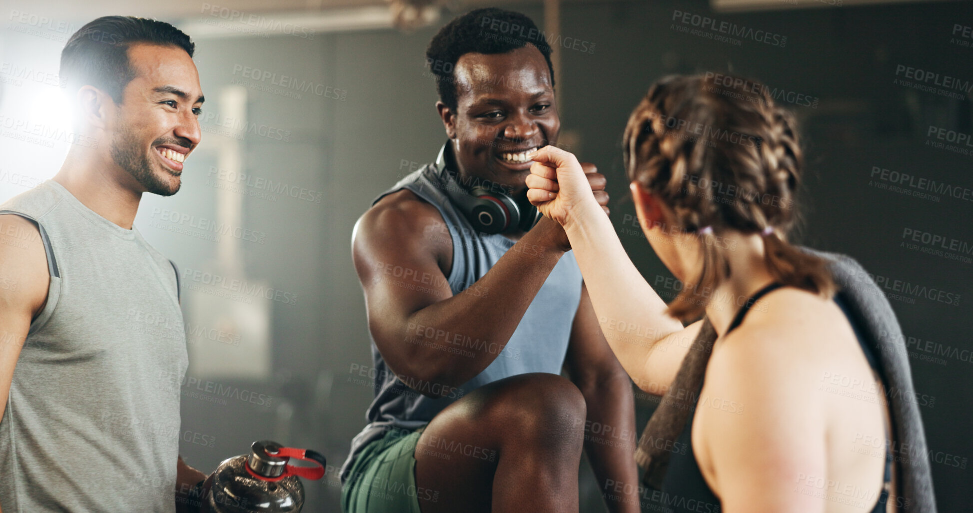 Buy stock photo Happy man, friends and high five in team fitness or workout in exercise, motivation or gym together. People touching hands in success for sports training, healthy wellness or group in body goals