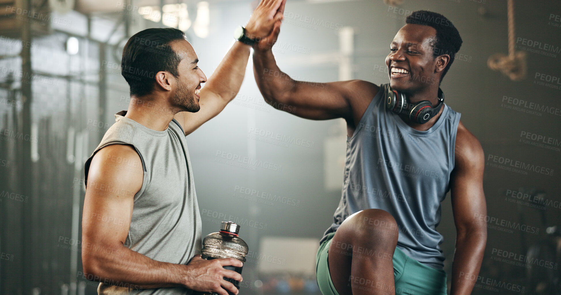 Buy stock photo Happy man, friends and high five in fitness, teamwork or workout in exercise, motivation or gym together. People touching hands in success for sports training, healthy wellness or team in body goals