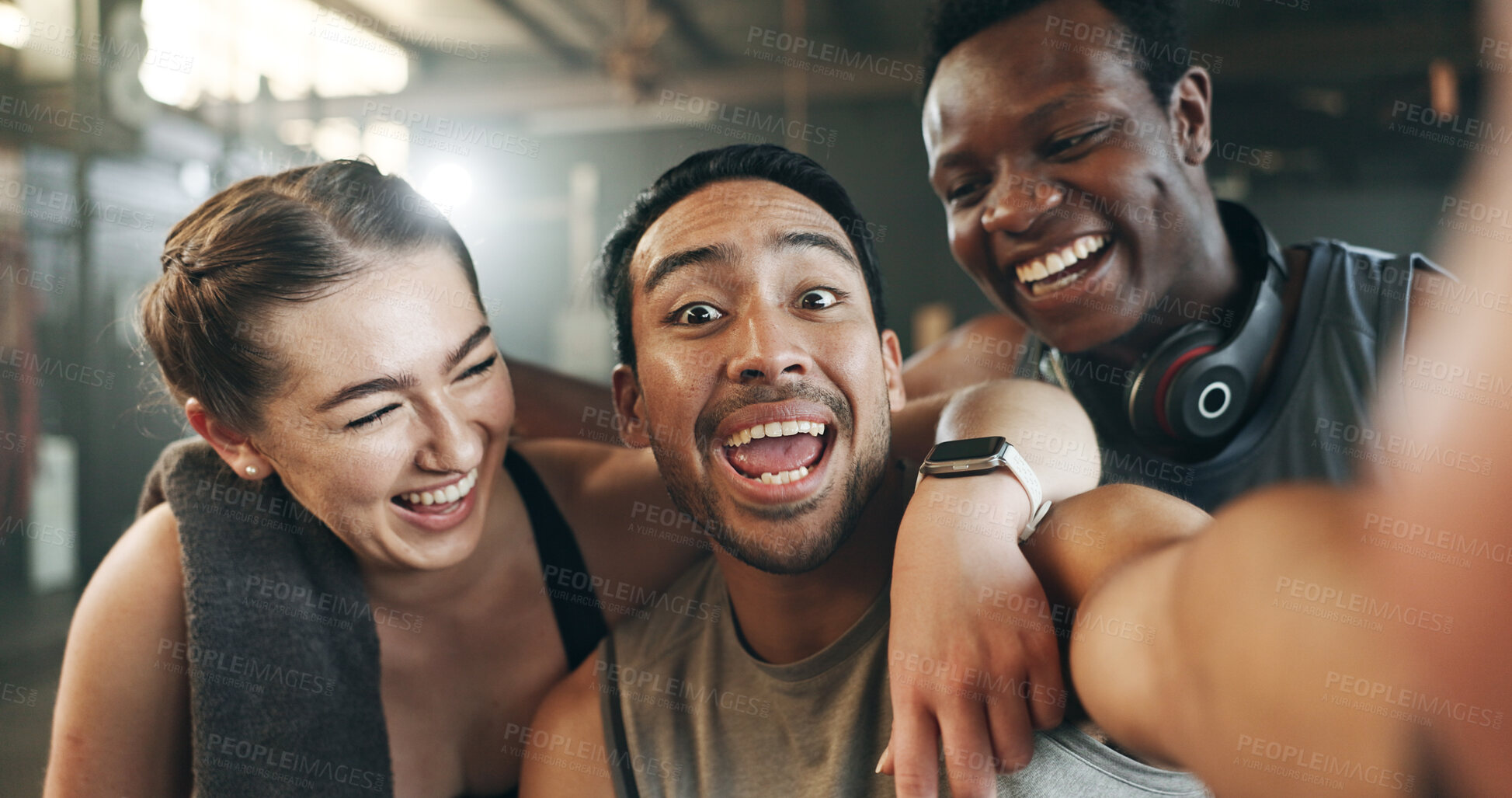 Buy stock photo Happy people, friends and selfie in fitness, photography or memory together after workout at gym. Portrait of group smile in happiness for photograph, picture or social media at indoor health club