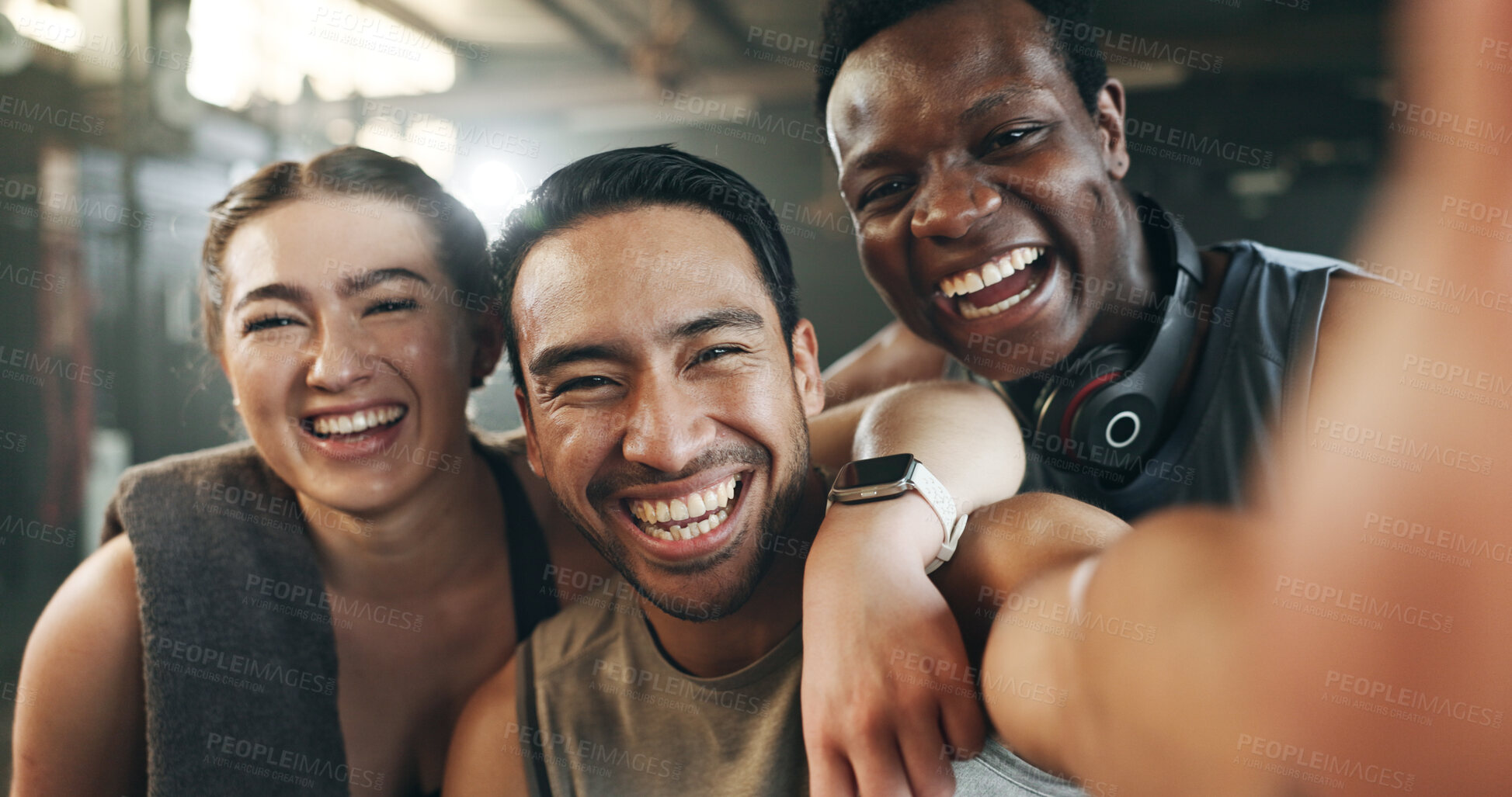 Buy stock photo Happy people, friends and selfie in fitness, photography or memory together after workout at gym. Portrait of group smile in happiness for photograph, picture or social media at indoor health club