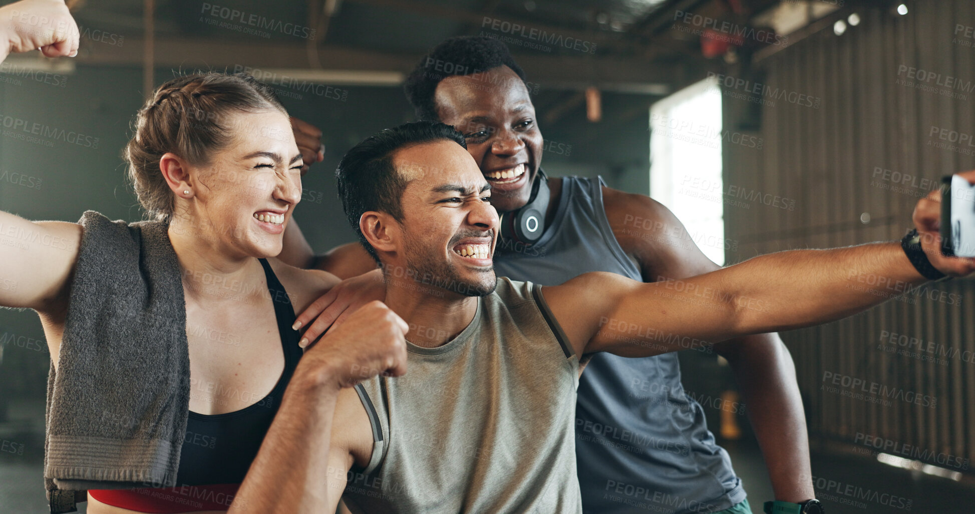 Buy stock photo Selfie, motivation and fitness with friends at gym for social media, workout and health. Support, profile picture and wellness with people and training for teamwork, photography and exercise together