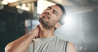 Buy stock photo Fitness, neck pain and face of man at gym for training with muscle, problem or arthritis. Sports, injury and guy athlete with shoulder, joint or massage for backache, fibromyalgia or osteoporosis