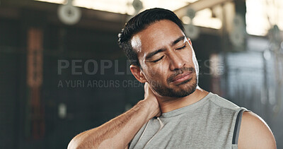 Fitness, neck pain and face of man at gym for training with muscle, problem or arthritis. Sports, injury and guy athlete with shoulder, joint or massage for backache, fibromyalgia or osteoporosis