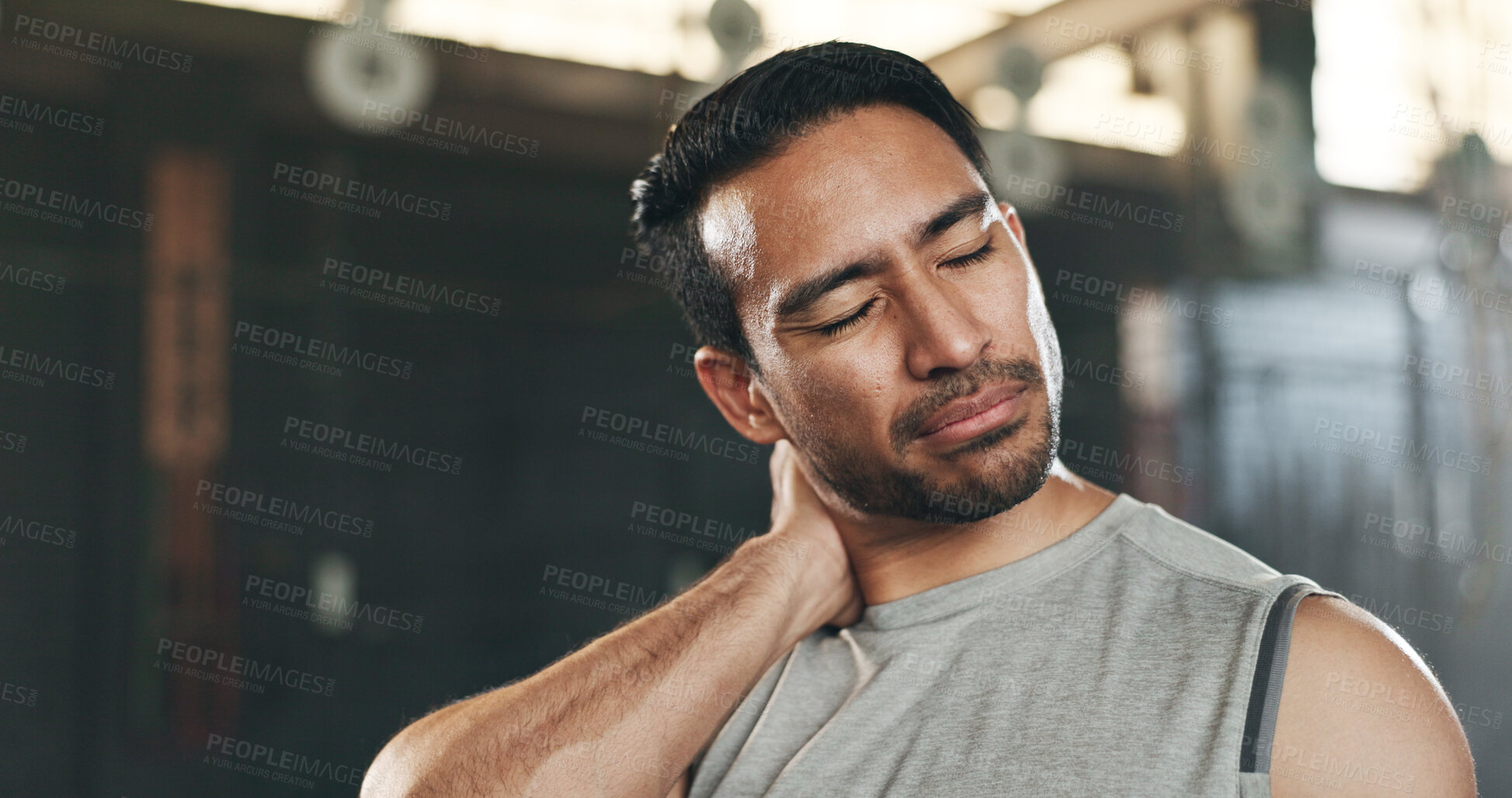 Buy stock photo Fitness, neck pain and face of man at gym for training with muscle, problem or arthritis. Sports, injury and guy athlete with shoulder, joint or massage for backache, fibromyalgia or osteoporosis