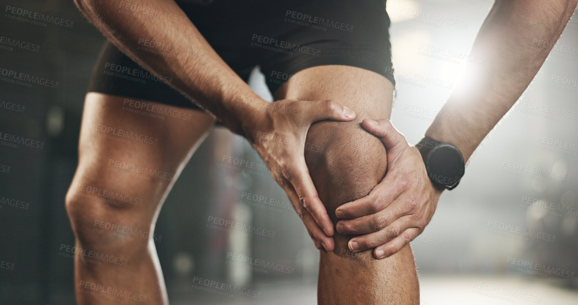 Buy stock photo Fitness, knee pain and hands of man at gym for training with muscle, problem or arthritis. Sports, injury and leg of male athlete with joint massage for fibromyalgia, osteoporosis or bone accident