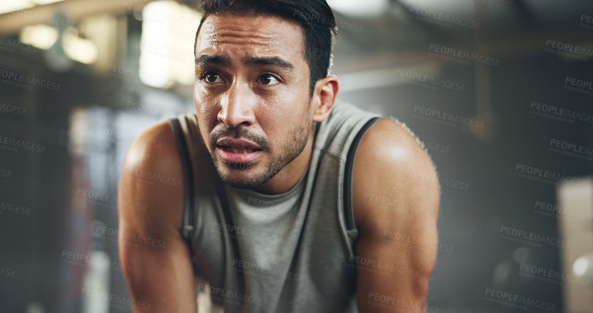 Buy stock photo Sweat, fitness and man tired from gym, workout or rest in training in cardio, sports and body builder breathing with fatigue. Exhausted, break and athlete with commitment for health challenge
