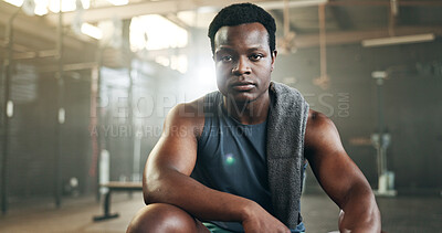 Face, gym and black man with fitness, exercise and endurance training with wellness, health and progress. Portrait, African person or guy with workout, relax and confidence with sports or bodybuilder