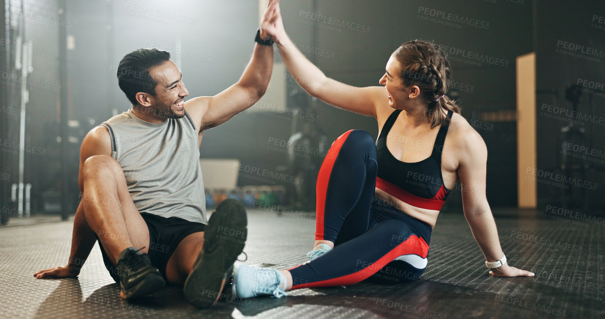 Buy stock photo Happy couple, high five and team in fitness workout, exercise motivation or gym together. Man and woman touching hands in success for sports training, healthy wellness or body goals at health club