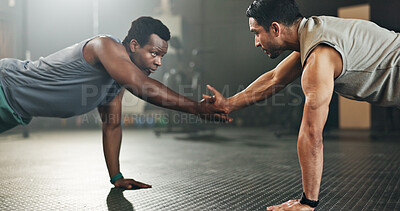 Buy stock photo Men, pushup and together for fitness on floor with high five, synergy and motivation in gym for body health. Personal trainer, support and connection for exercise, workout and training with teamwork