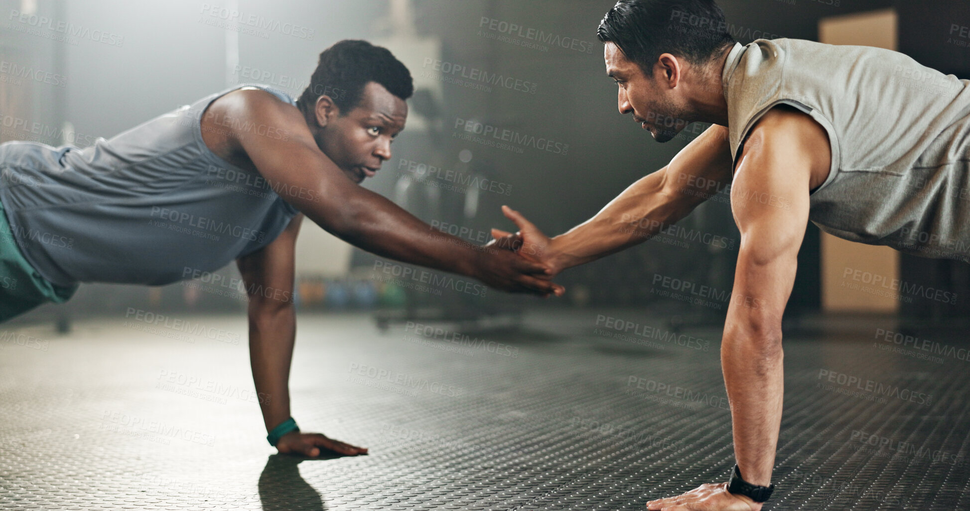 Buy stock photo Men, pushup and together for fitness on floor with high five, synergy and motivation in gym for body health. Personal trainer, support and connection for exercise, workout and training with teamwork