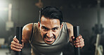 Man at gym, weight sled and muscle building endurance, strong body and balance power in fitness. Commitment, motivation and bodybuilder in workout challenge for health and wellness on push machine.