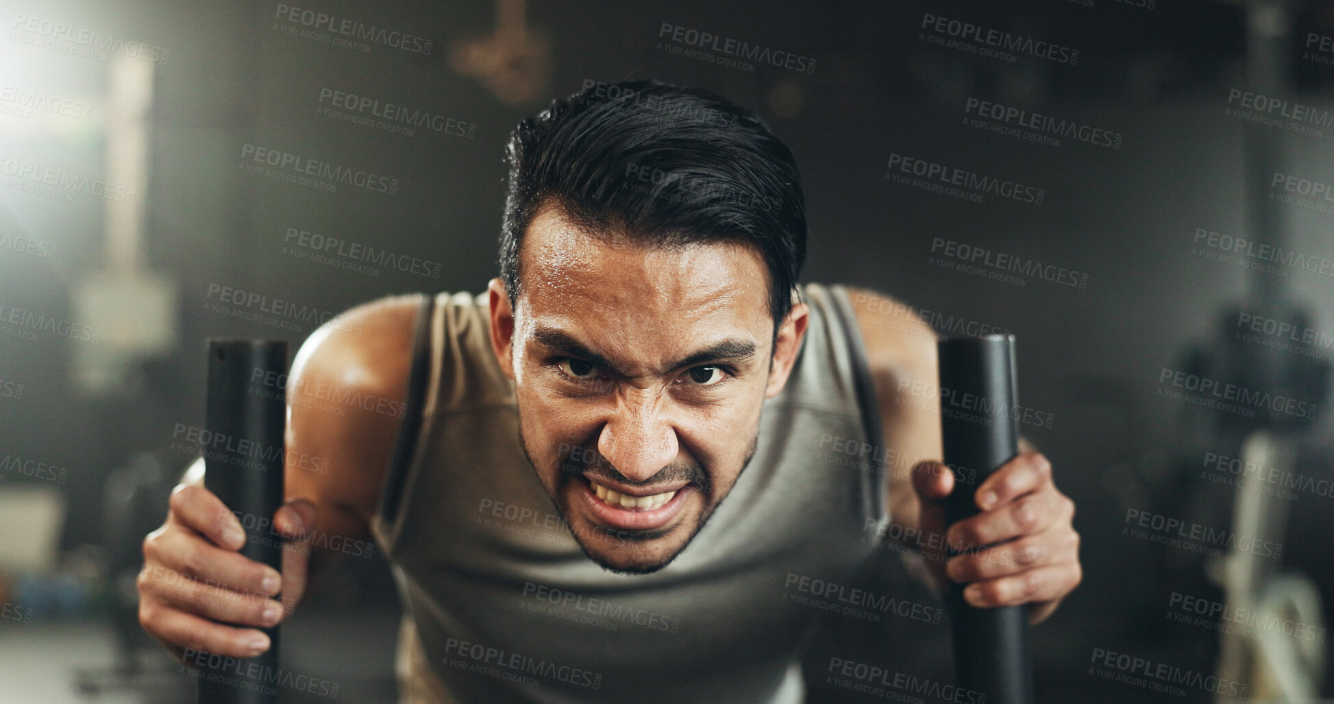 Buy stock photo Man at gym, weight sled and muscle building endurance, strong body and balance power in fitness. Commitment, motivation and bodybuilder in workout challenge for health and wellness on push machine.