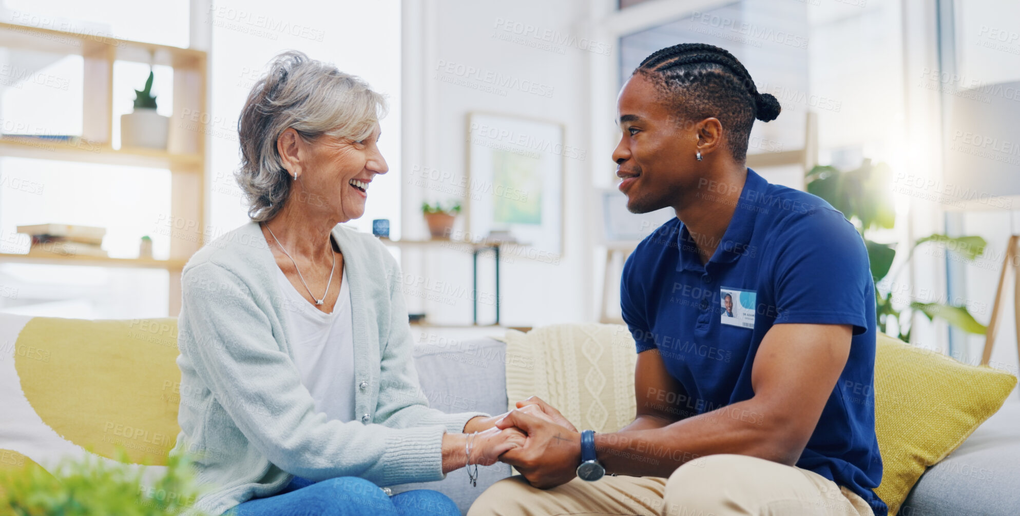 Buy stock photo Black man, caregiver or old woman holding hands for support consoling or empathy in therapy. Medical healthcare advice, senior person or male nurse nursing, talking or helping elderly patient.