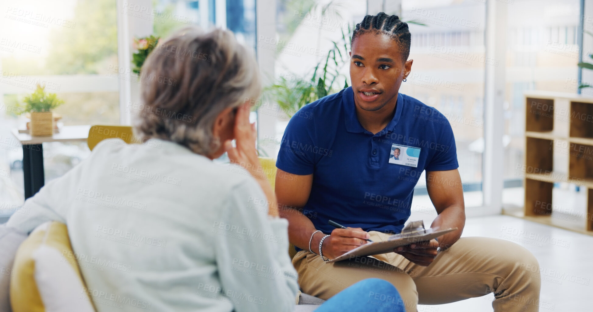 Buy stock photo Retirement, documents and a nurse talking to an old woman patient about healthcare in an assisted living facility. Medical, planning and communication with a black man consulting a senior in her home