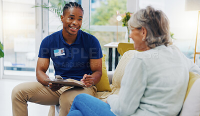 Retirement, paperwork and a nurse talking to an old woman patient about healthcare in an assisted living facility. Medical, planning and communication with a black man consulting a senior in her home